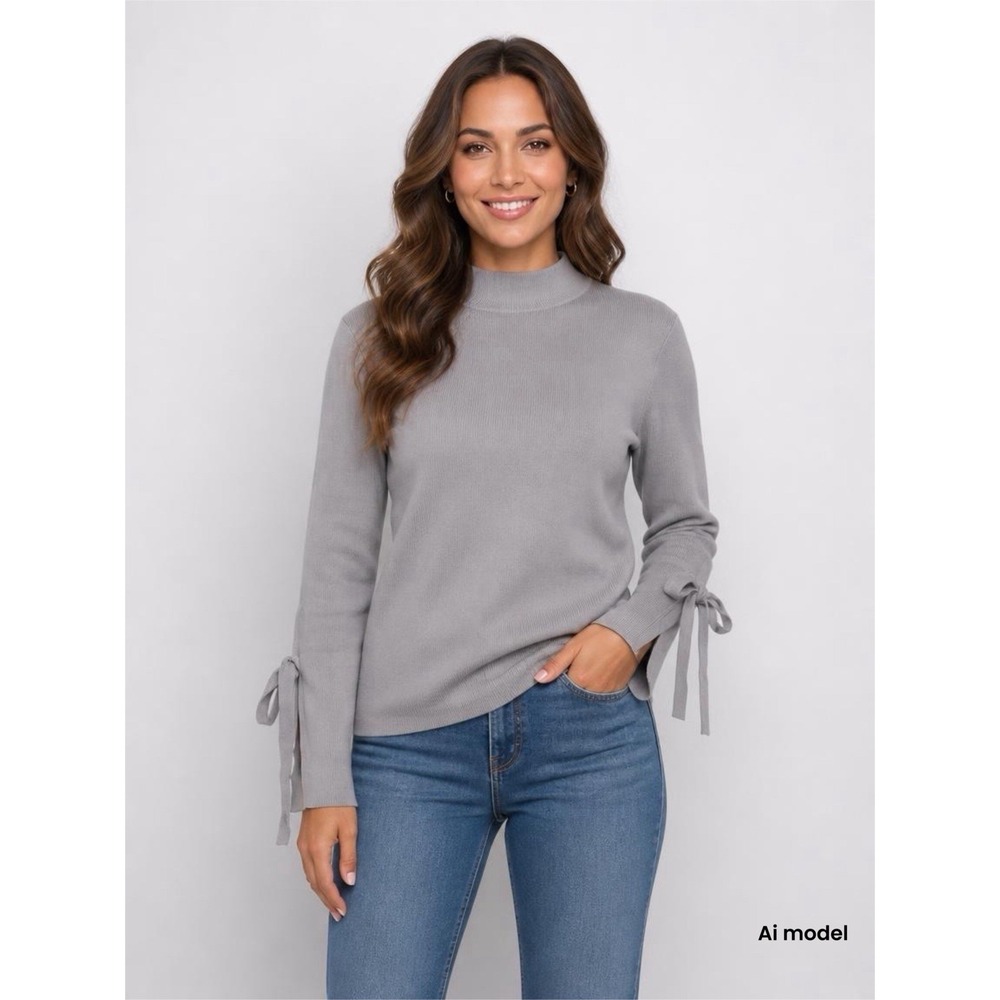 Fate by LFD Grey Mock Neck Sweater Long Sleeve Tie Cuff Knit Top Large NEW